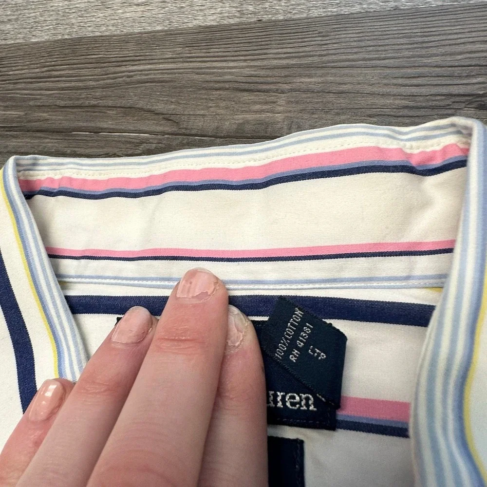Vintage Polo Ralph Lauren Regent Mens 17 XL Button Dress Shirt Pink Blue Striped